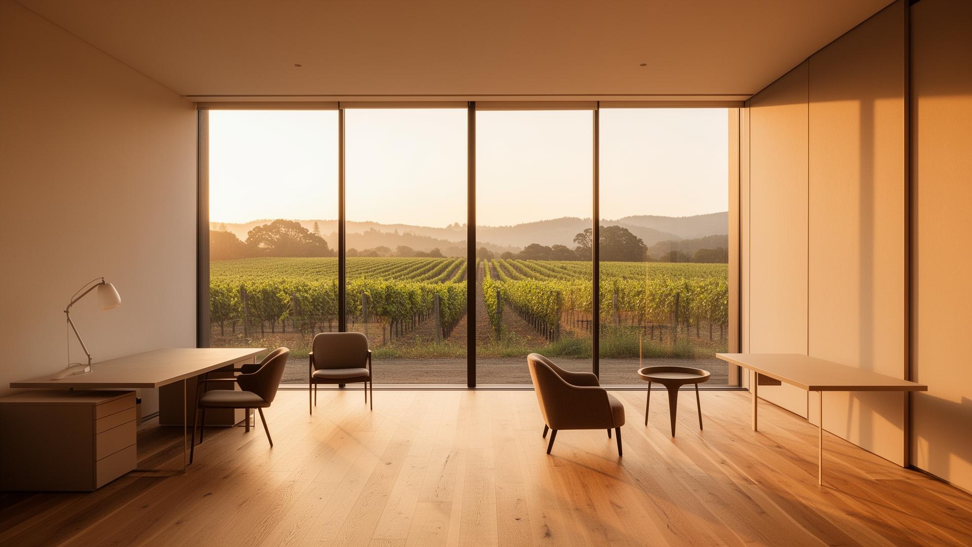 Sun-drenched modern office overlooking a Sonoma vineyard